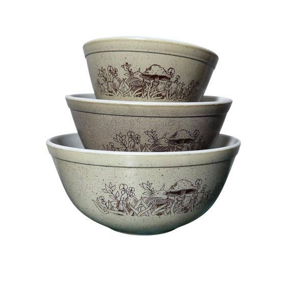 Set Of 3 Pyrex Forest Fancies Speckled Tan Nesting Bowls Mushroom 1980s - Picture 1 of 10